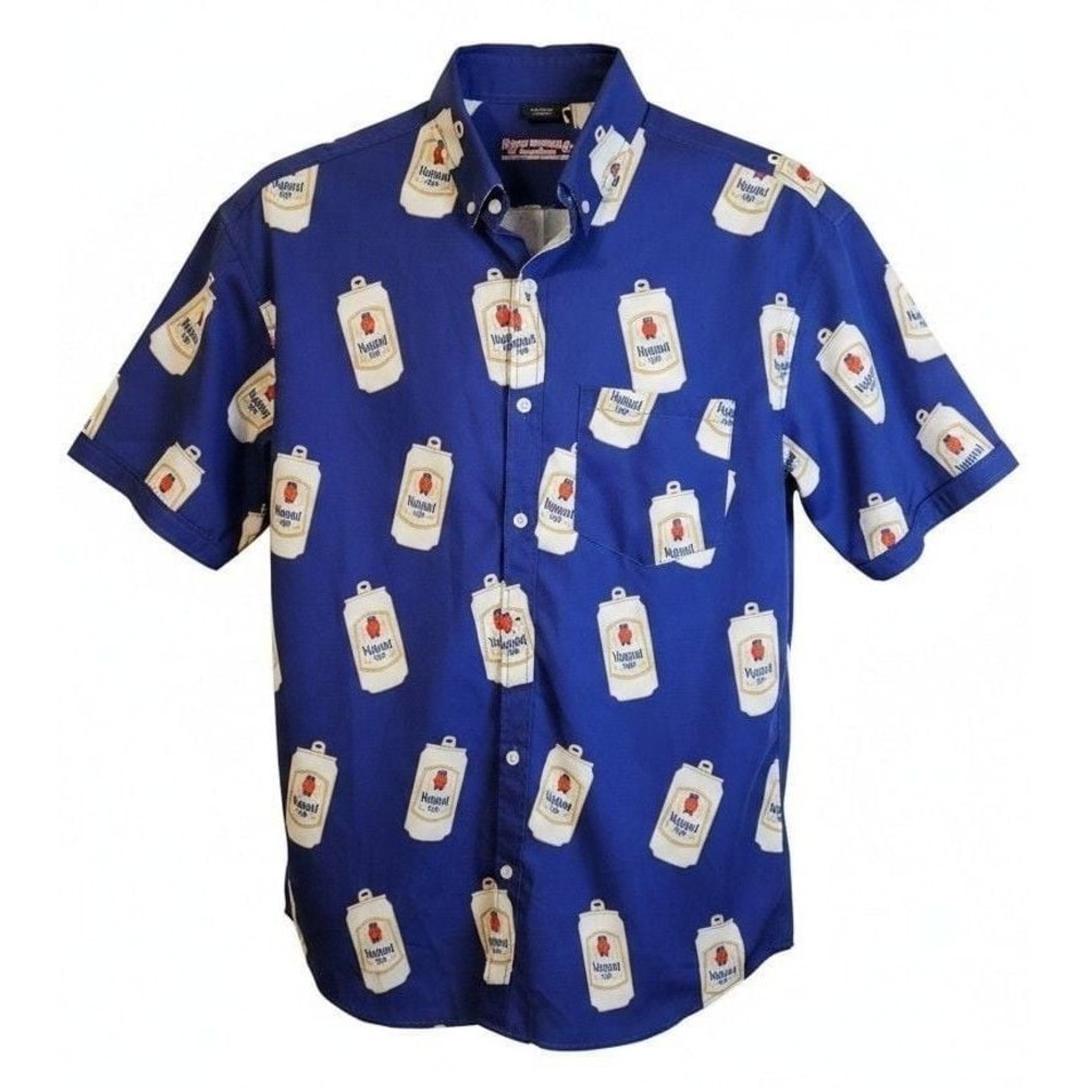 Rowdy Gentleman Natural Light Beer Can All Over Print Blue Hawaiian Shirt Size L